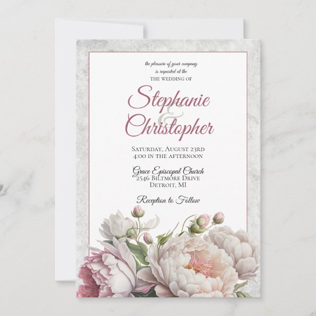 Elegant Pink White Floral Peonies Wedding Invitation (Front)