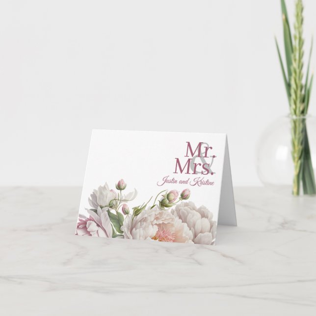 Elegant Pink White Floral Peonies Wedding Thank You Card (Front)