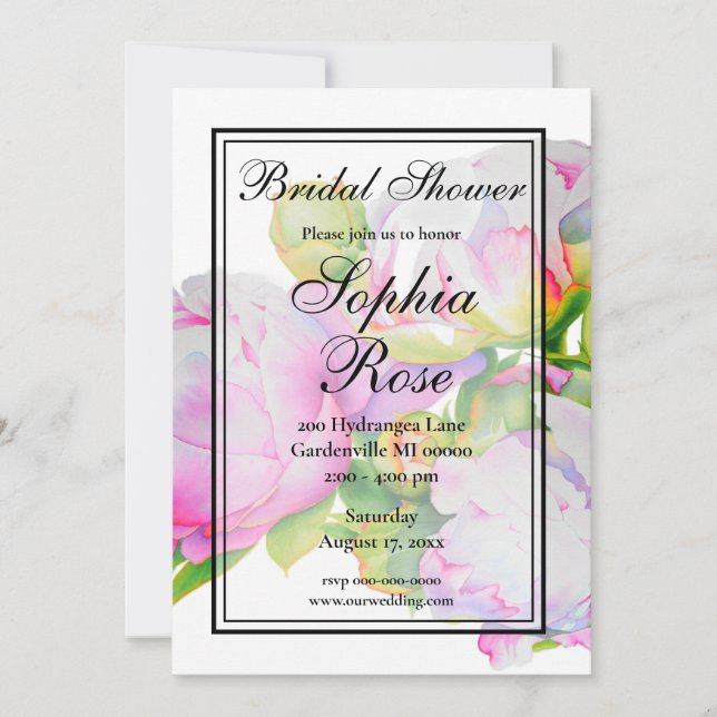 Elegant pink white floral peony Bridal shower Invitation (Front)
