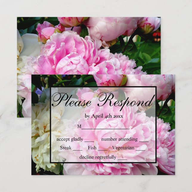 Elegant pink white floral peony RSVP (Front/Back)