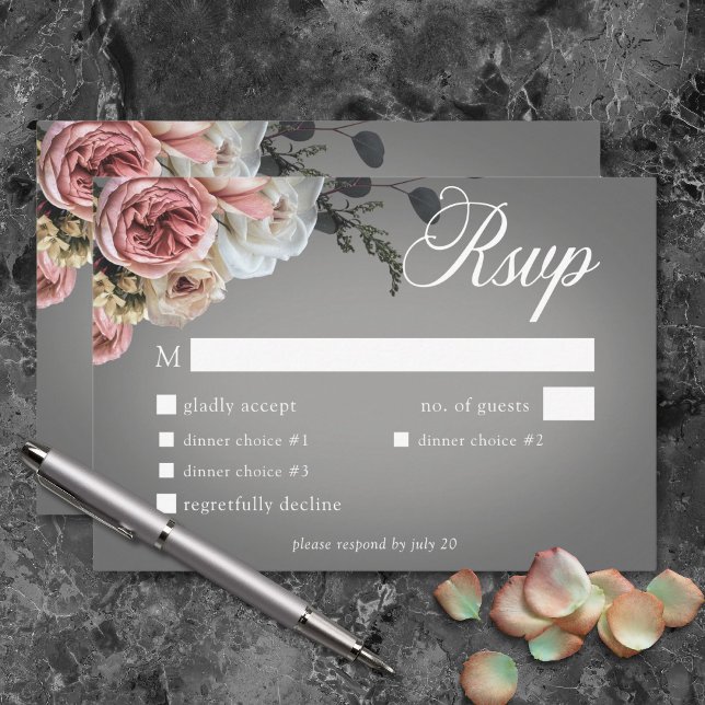 Elegant Pink White Floral Rose Grey Wedding Dinner RSVP Card (Elegant Pink White Floral Rose Gray Wedding Dinner RSVP Card)