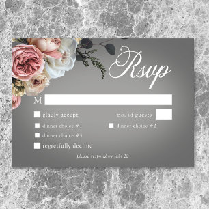 Elegant Pink White Floral Rose Grey Wedding Dinner RSVP Card
