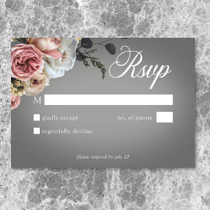 Elegant Pink White Floral Rose Grey Wedding RSVP Card