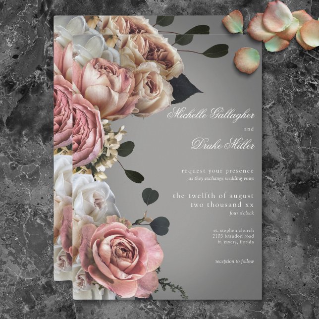 Elegant Pink White Floral Roses Grey Wedding Invitation (Elegant Pink White Floral Roses Gray Wedding Invitation)