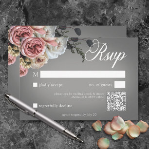 Elegant Pink White Floral Roses Grey Wedding QR RSVP Card