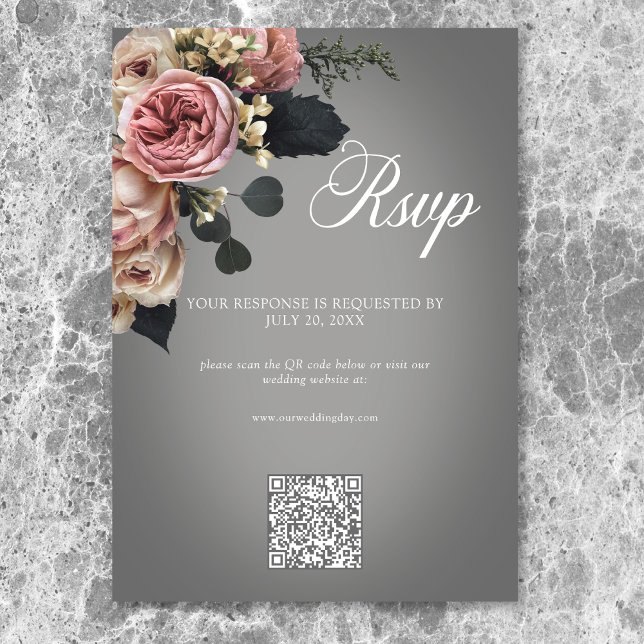 Elegant Pink White Floral Roses Grey Wedding QR RSVP Card (Elegant Pink White Floral Roses Gray Wedding QR RSVP Card)