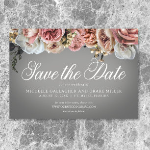 Elegant Pink White Floral Roses Grey Wedding Save The Date