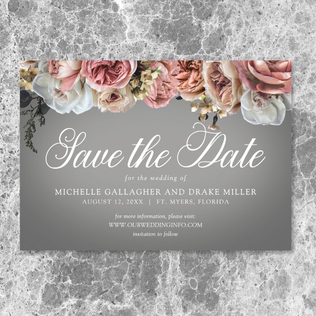 Elegant Pink White Floral Roses Grey Wedding Save The Date (Elegant Pink White Floral Roses Gray Wedding Save The Date)