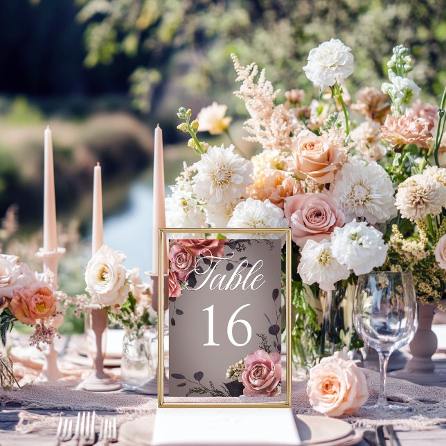 Elegant Pink White Floral Roses Grey Wedding Table Number (Creator Uploaded)