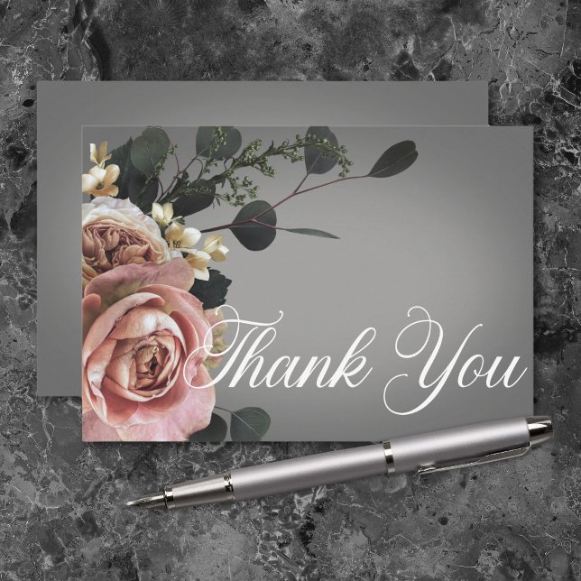 Elegant Pink White Floral Roses Grey Wedding Thank You Card (Elegant Pink White Floral Roses Gray Wedding Thank You Card)
