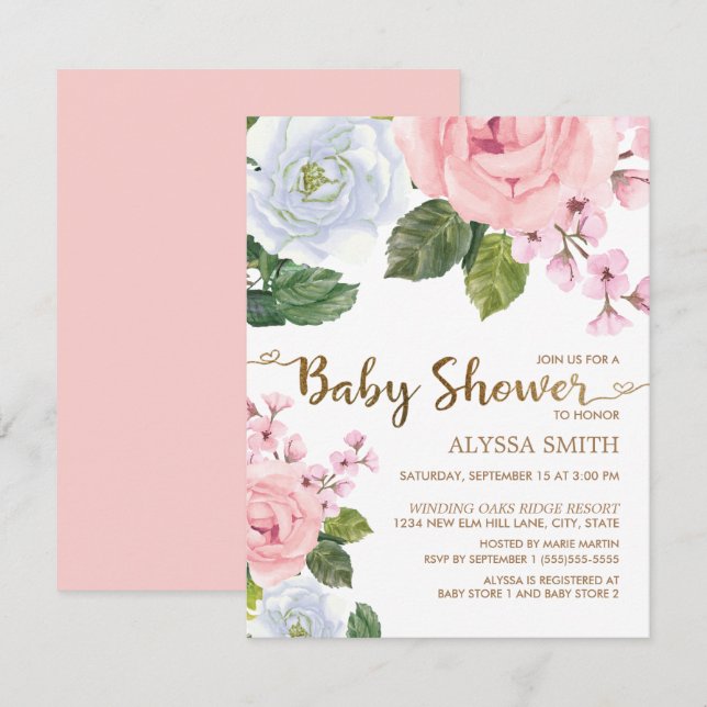 Elegant Pink White Floral Roses Script Baby Shower Invitation (Front/Back)