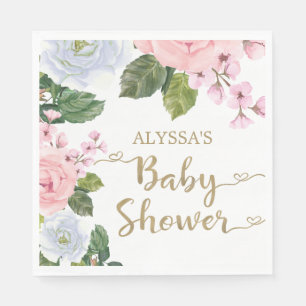 Elegant Pink White Floral Roses Script Baby Shower Napkin