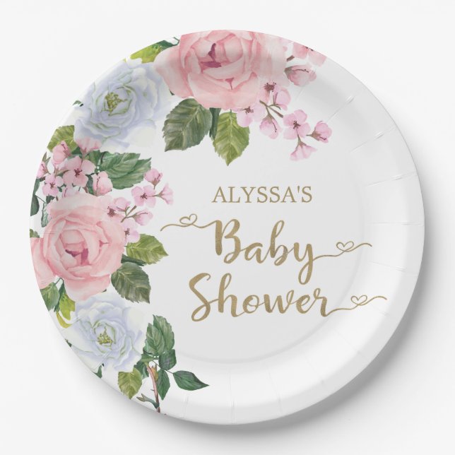Elegant Pink White Floral Roses Script Baby Shower Paper Plate (Front)