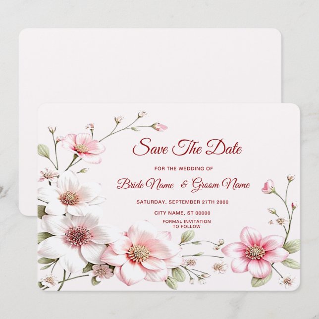 Elegant Pink White Floral Save The Date (Front/Back)