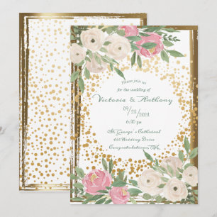 Elegant Pink White Floral Script Gold Wedding Invitation