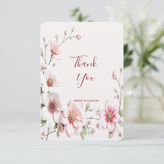 Elegant Pink White Floral Thank You Card (Standing Front)