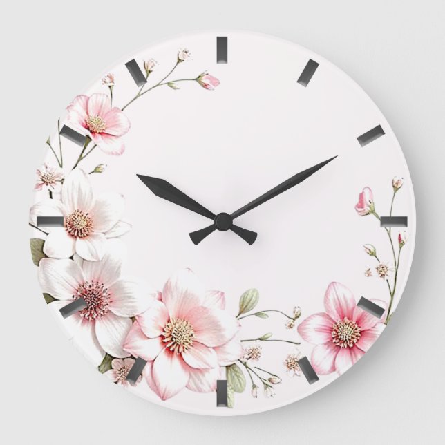 Elegant Pink White Floral Wall Clock (Front)