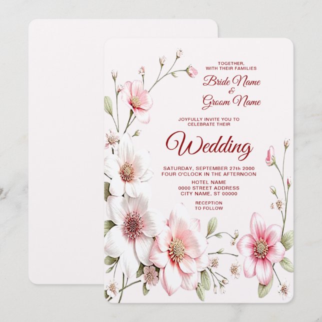 Elegant Pink White Floral Wedding Invitation (Front/Back)