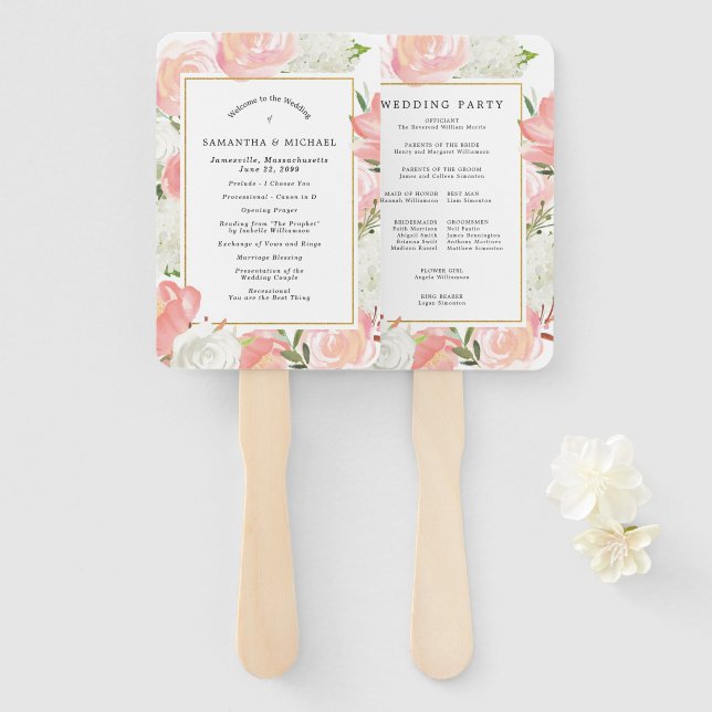 Elegant Pink White Floral Wedding Program  Hand Fan (Front and Back)