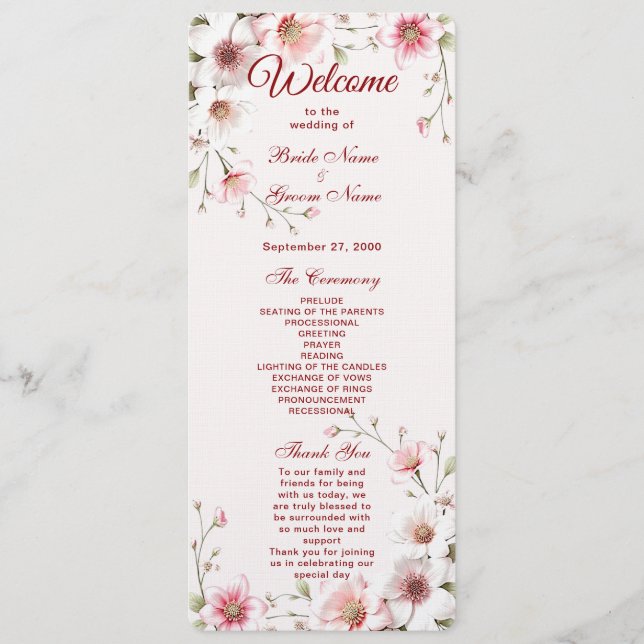 Elegant Pink White Floral Wedding Program Programme (Front)