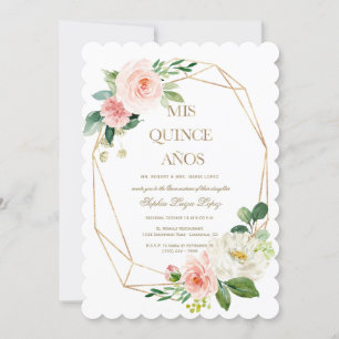 Elegant Pink White Flowers Gold Quinceañera Invitation