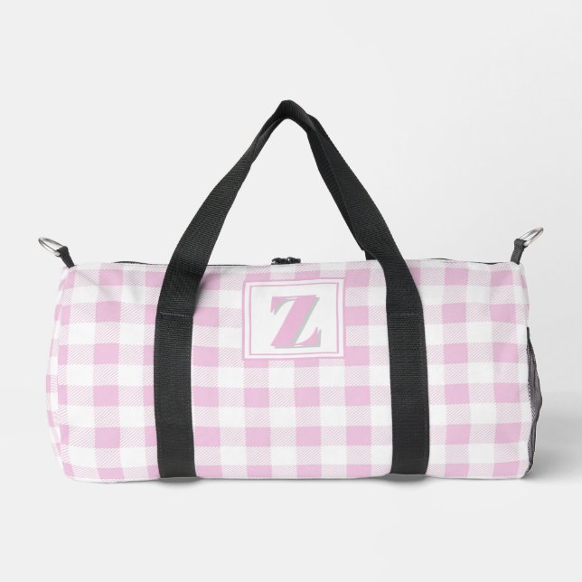 Elegant pink white gingham customisable monogram  duffle bag (Front)