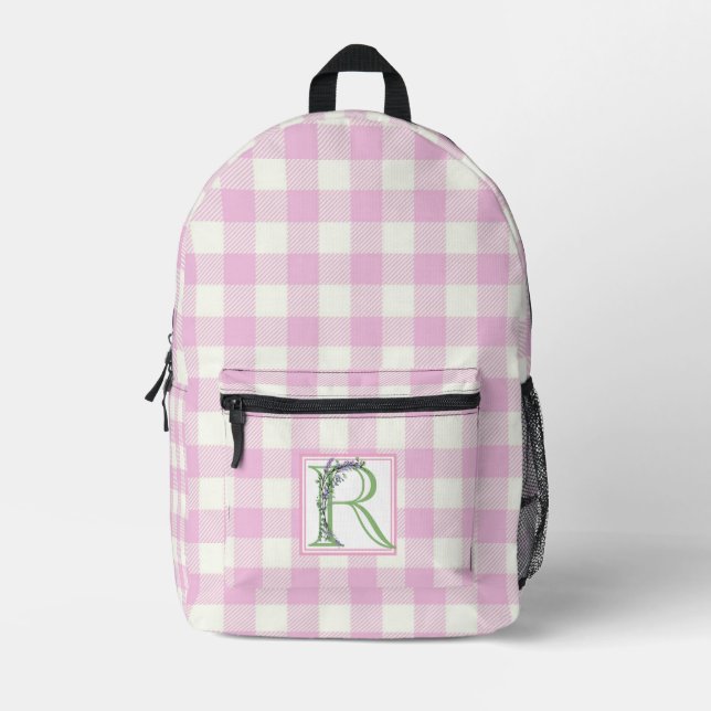 Elegant pink white gingham monogram letter R Printed Backpack (Front)