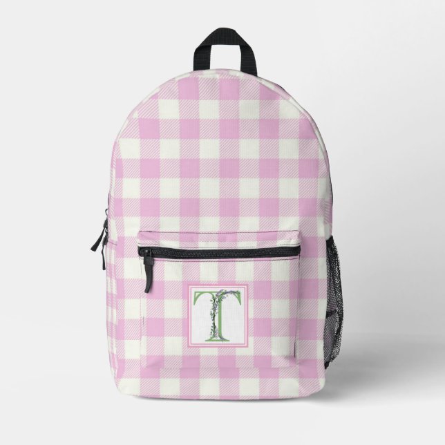 Elegant pink white gingham monogram letter T Printed Backpack (Front)