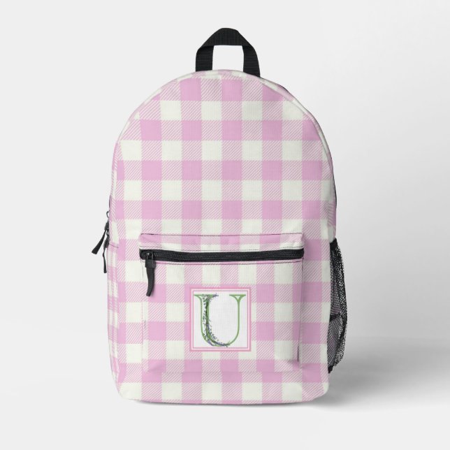 Elegant pink white gingham monogram letter U Printed Backpack (Front)