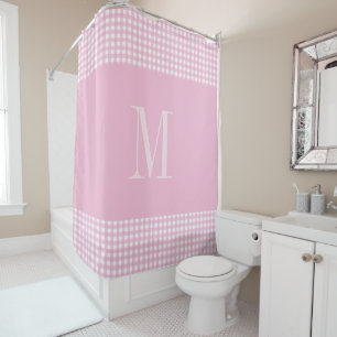 Elegant Pink &white gingham monogram Shower Curtain
