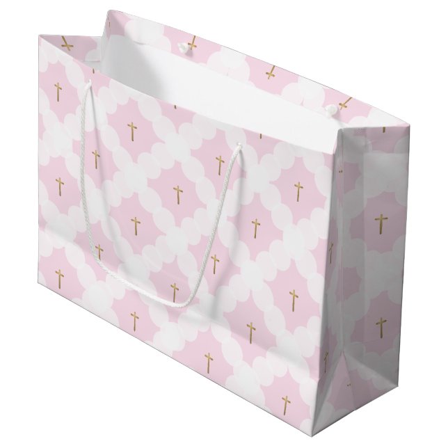 Elegant pink white gold cross pattern baptism large gift bag (Front Angled)