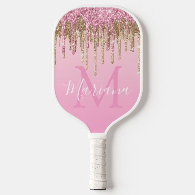 elegant pink white gold dripping glitters luxury  pickleball paddle (Front)