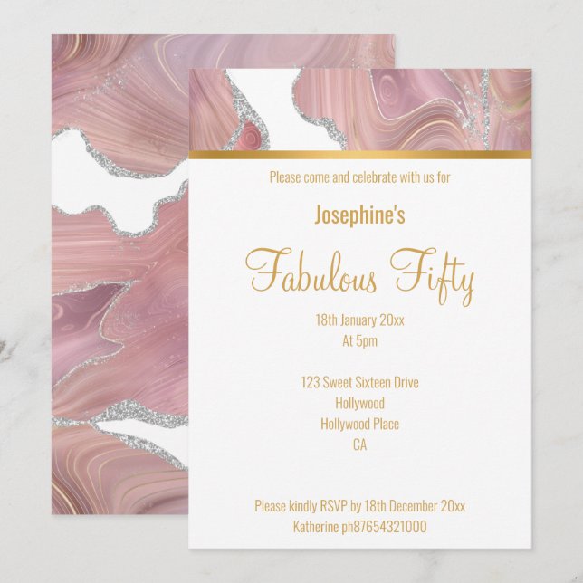 ELEGANT PINK WHITE GOLD MARBLE CUSTOM INVITATION (Front/Back)