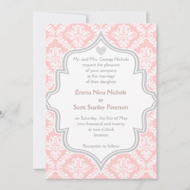 Elegant pink, white, grey damask wedding invitation (Front)