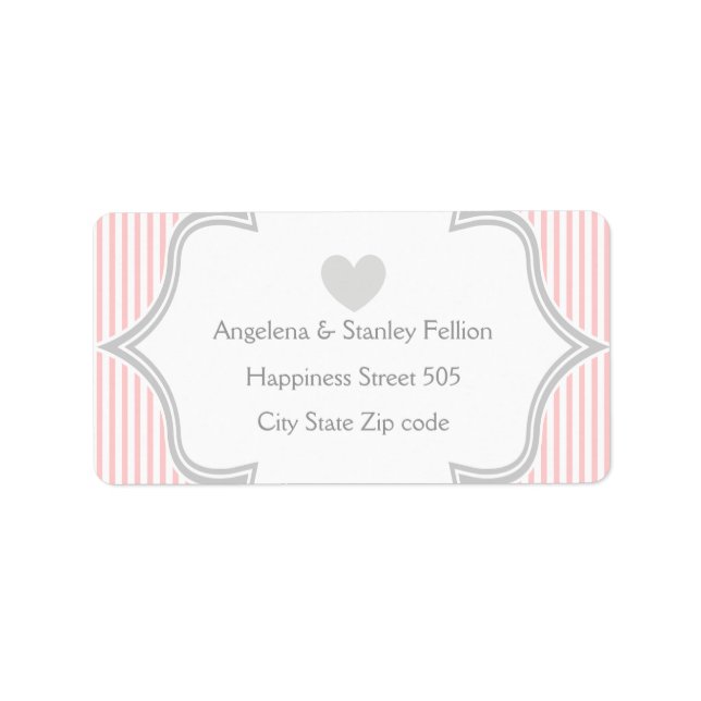 Elegant pink, white, grey stripes wedding label (Front)