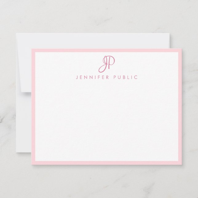 Elegant Pink White Hand Script Name Monogram Chic Card (Front)