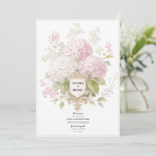 Elegant Pink & White Hydrangeas Gold Wedding Invitation