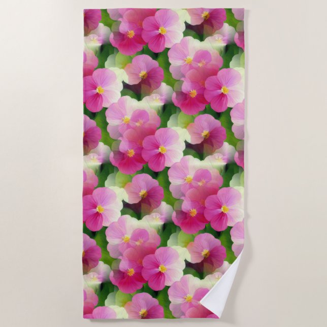 Elegant Pink & White Impatiens Flower Pattern Beach Towel (Front)