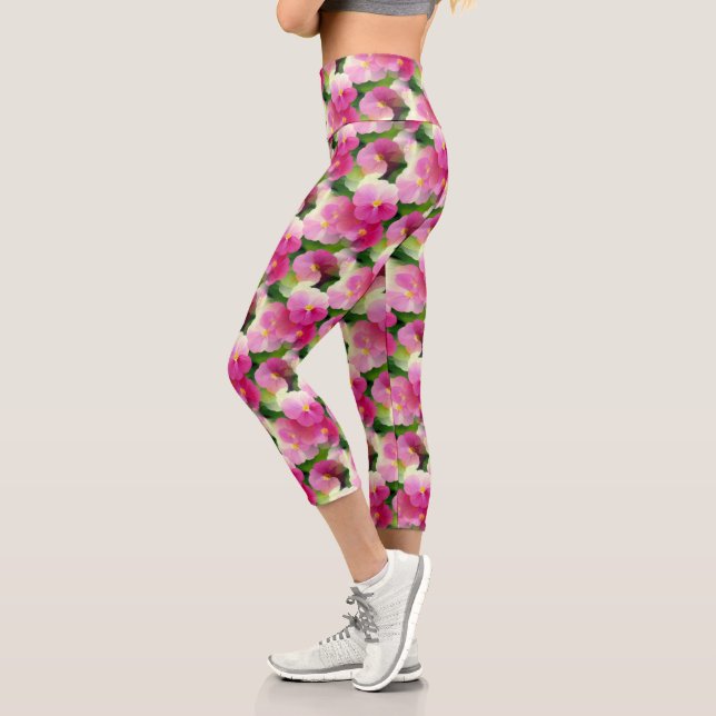 Elegant Pink & White Impatiens Flower Pattern Capri Leggings (Left)