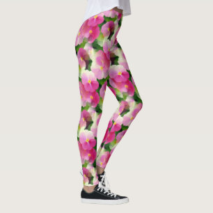 Elegant Pink & White Impatiens Flower Pattern Leggings