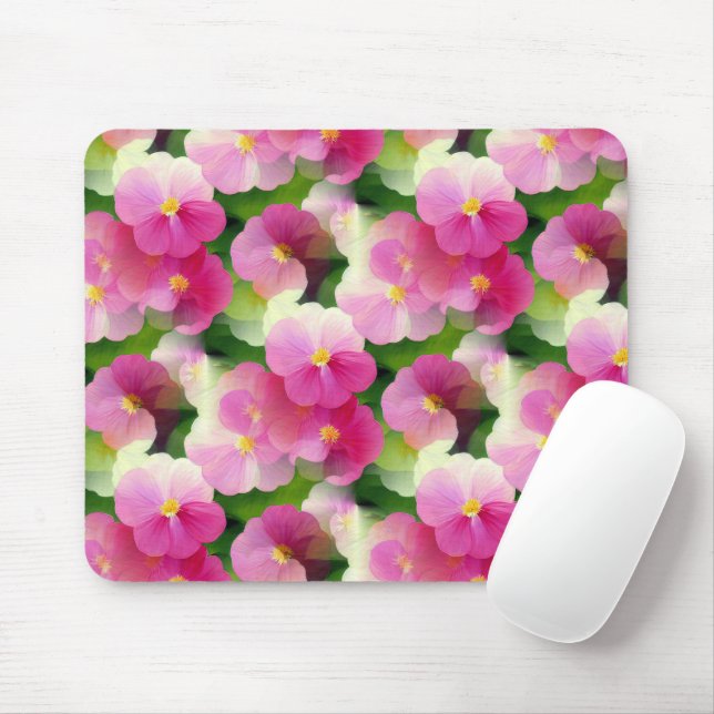 Elegant Pink & White Impatiens Flower Pattern Mouse Mat (With Mouse)