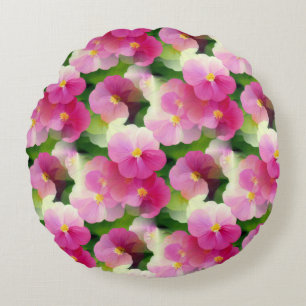 Elegant Pink & White Impatiens Flower Pattern Round Cushion
