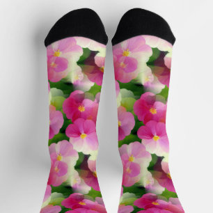 Elegant Pink & White Impatiens Flower Pattern Socks