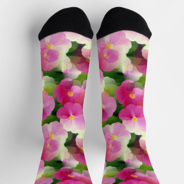 Elegant Pink & White Impatiens Flower Pattern Socks (Top)