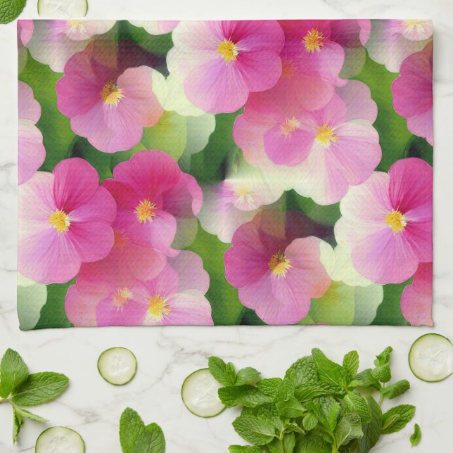Elegant Pink & White Impatiens Flower Pattern Tea Towel (Folded)