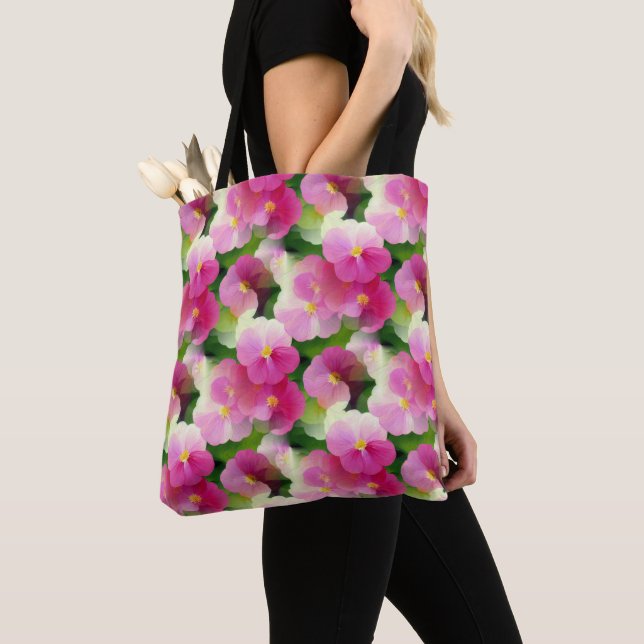 Elegant Pink & White Impatiens Flower Pattern Tote Bag (Close Up)