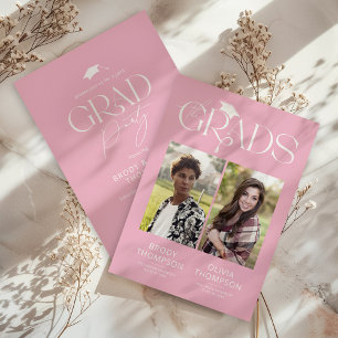 Elegant Pink & White Joint Graduation Party Photo Invitation