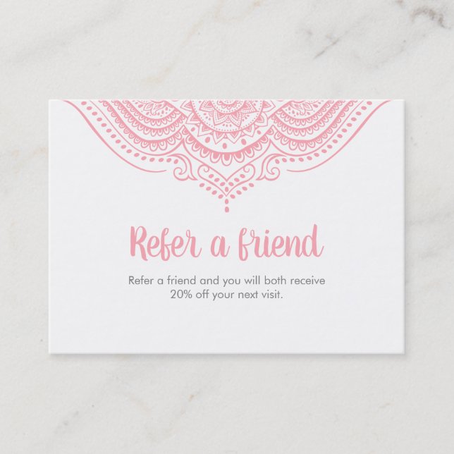 Elegant Pink & White Lace Referral Card (Front)