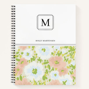 Elegant Pink White Monogram Watercolor Flowers Notebook