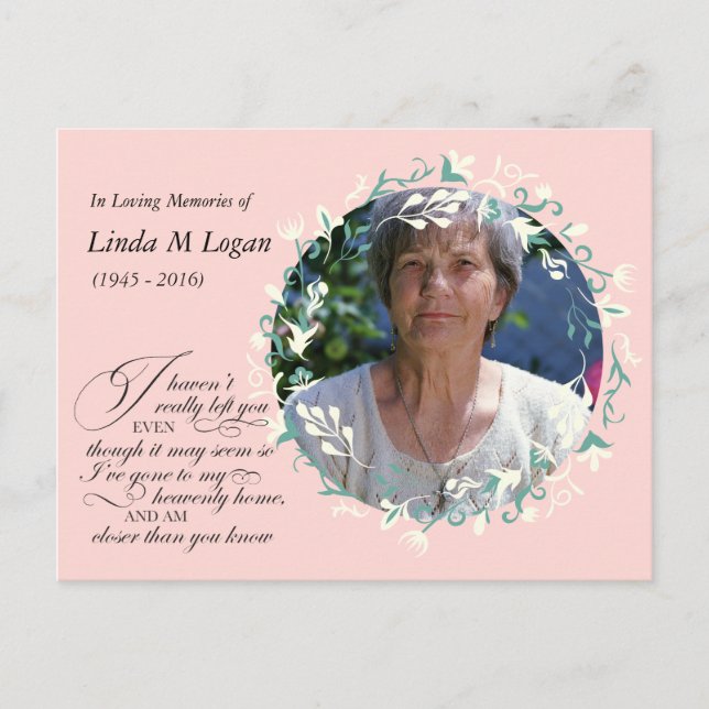Elegant pink white painted floral wreath funeral postcard (Front)